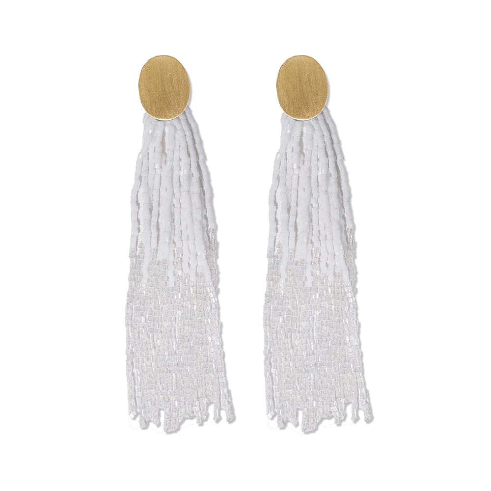 Mae Oval Brass Post 2-Color Beaded Tassel Earrings White