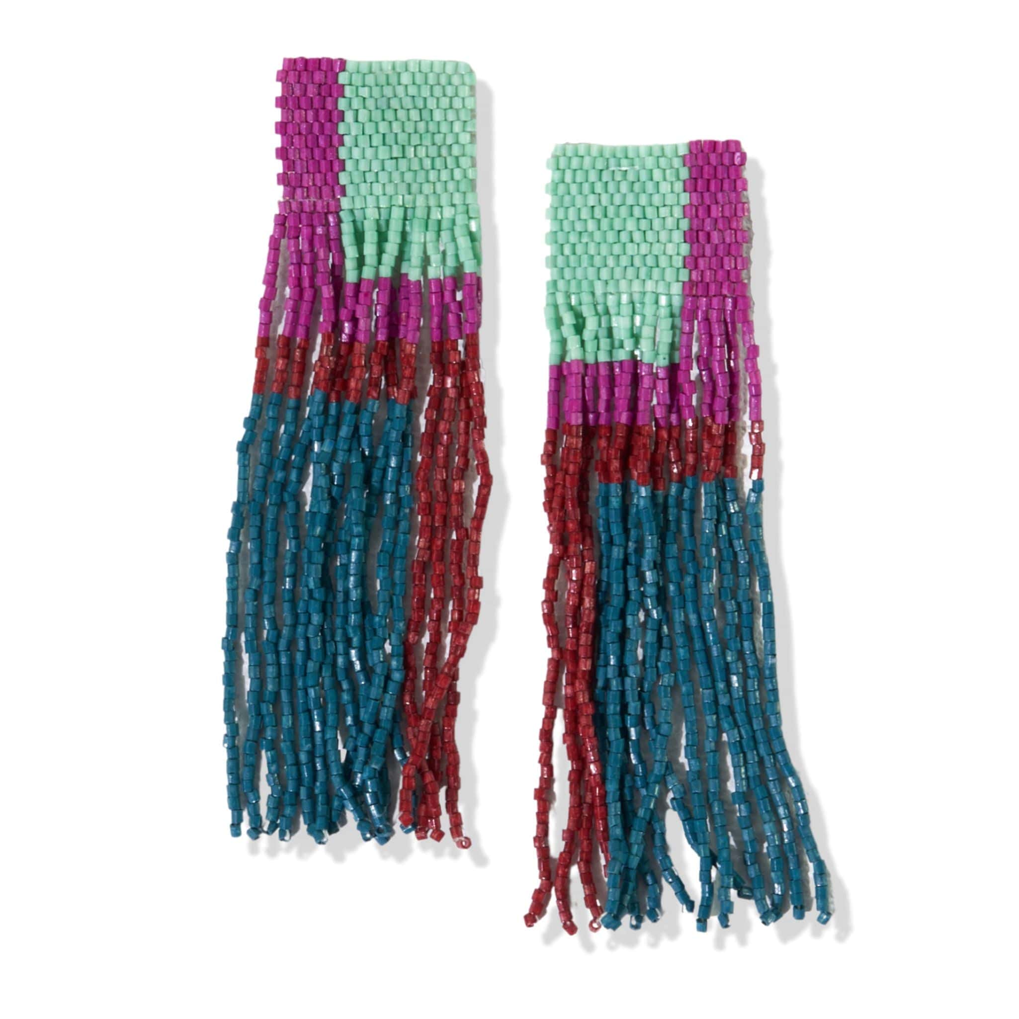 Belle Geo Shapes Beaded Fringe Earrings Mint Multicolor