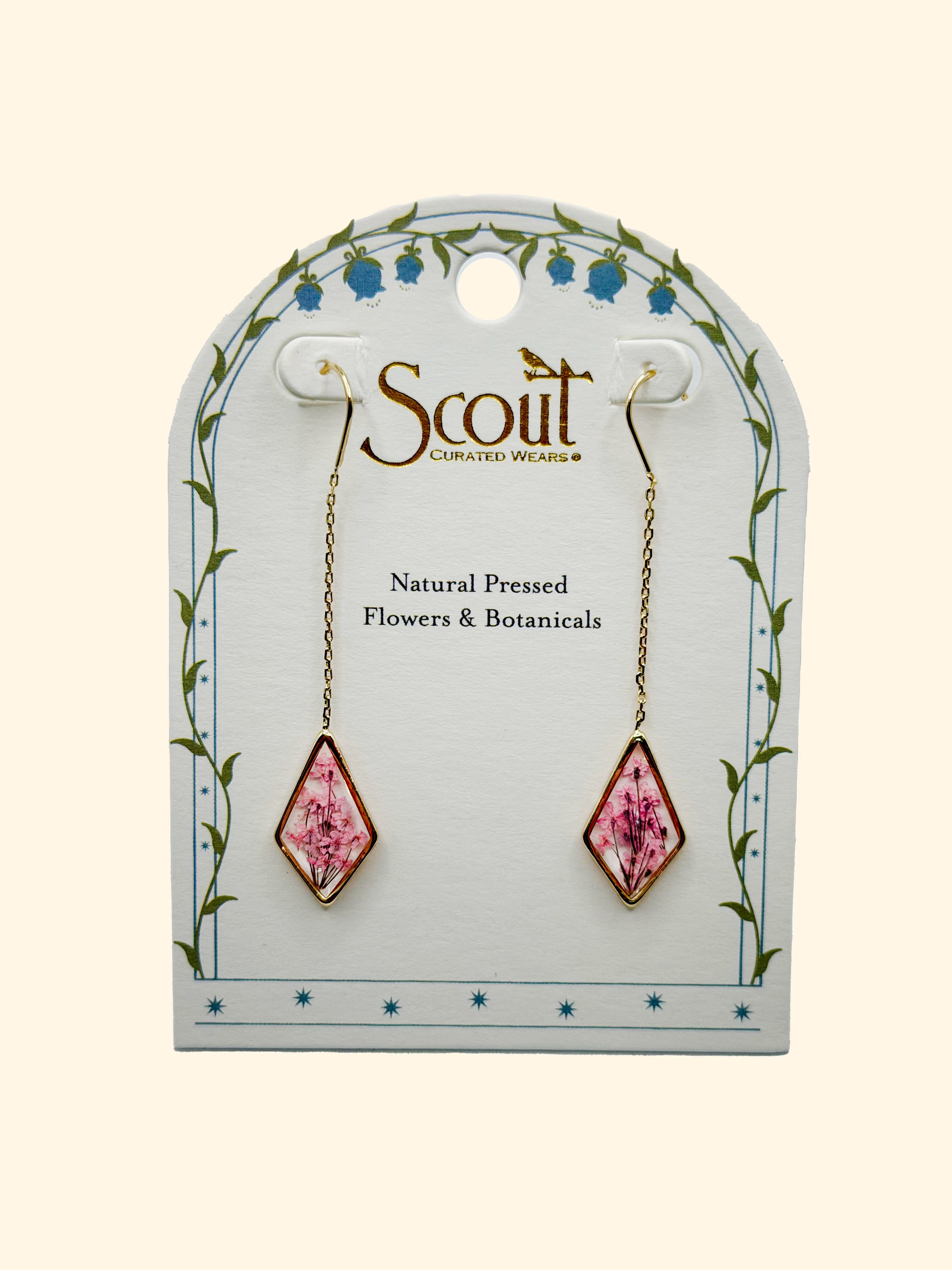 Pink Lace Pressed Flower Thread Earrings in Gold