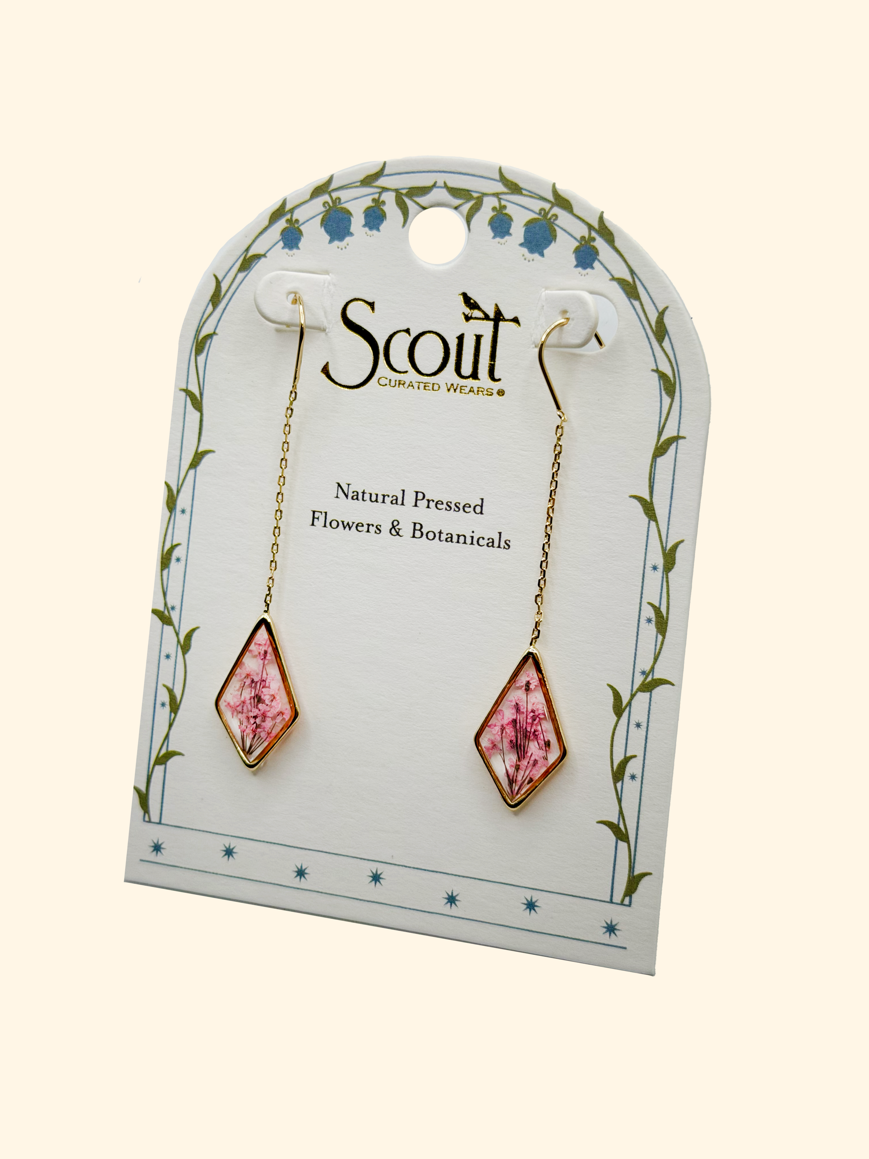 Pink Lace Pressed Flower Thread Earrings in Gold