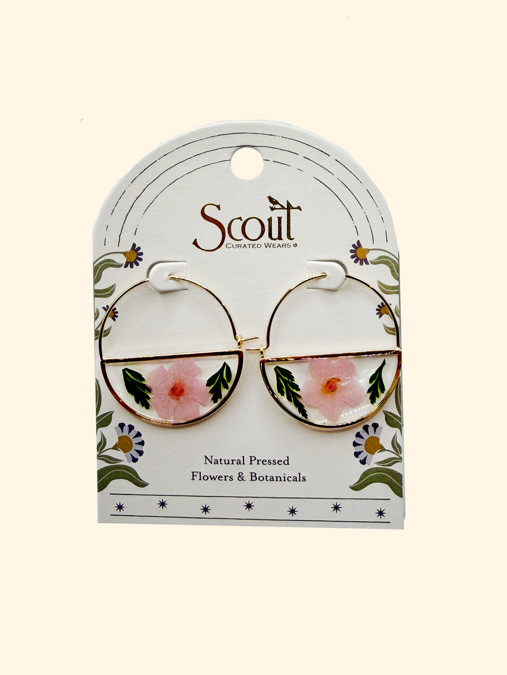 Pink Cherry Blossom Pressed Flower Hoop Earring in Gold