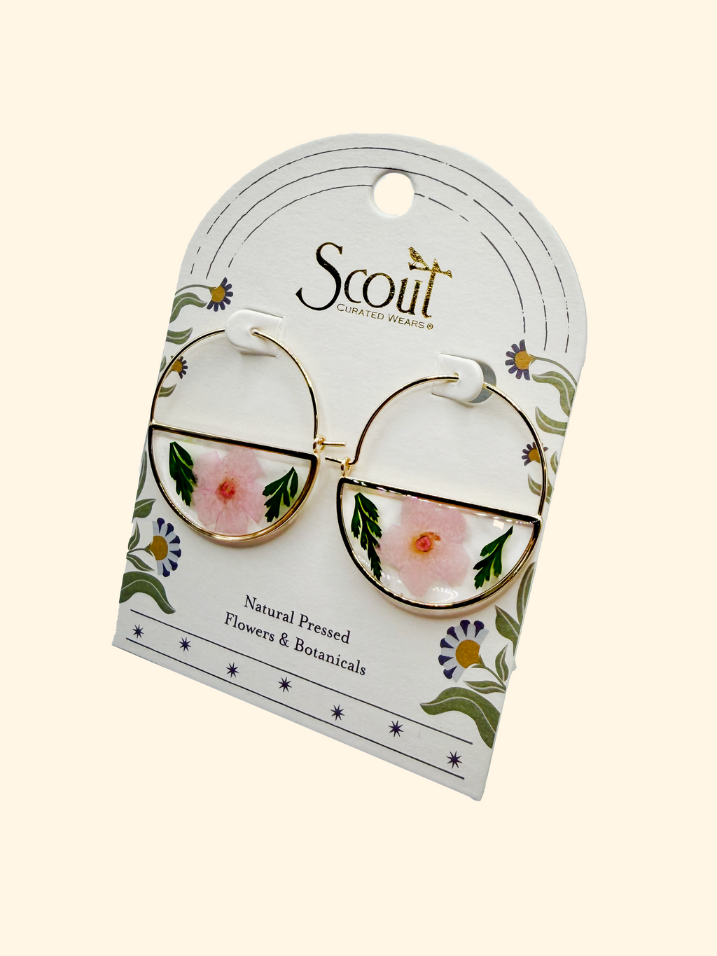 Pink Cherry Blossom Pressed Flower Hoop Earring in Gold