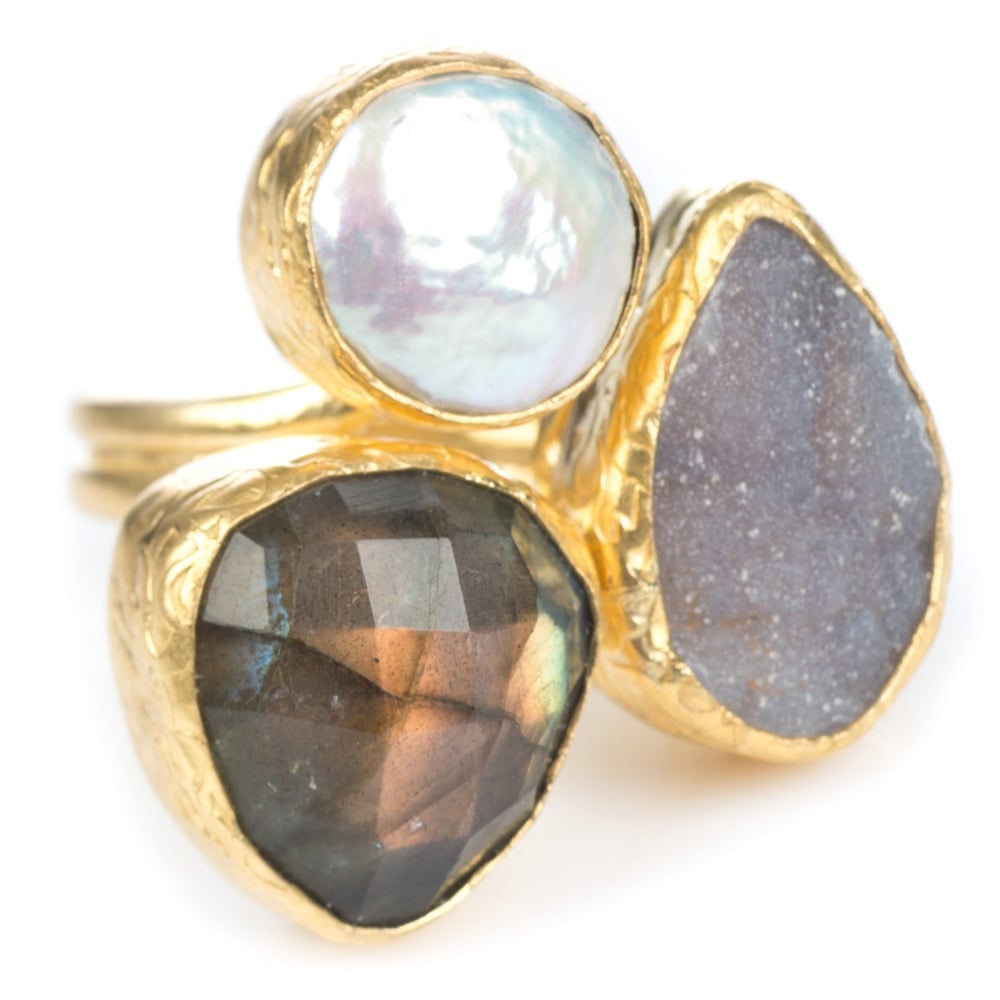 Three Stone Pearl + Druzy