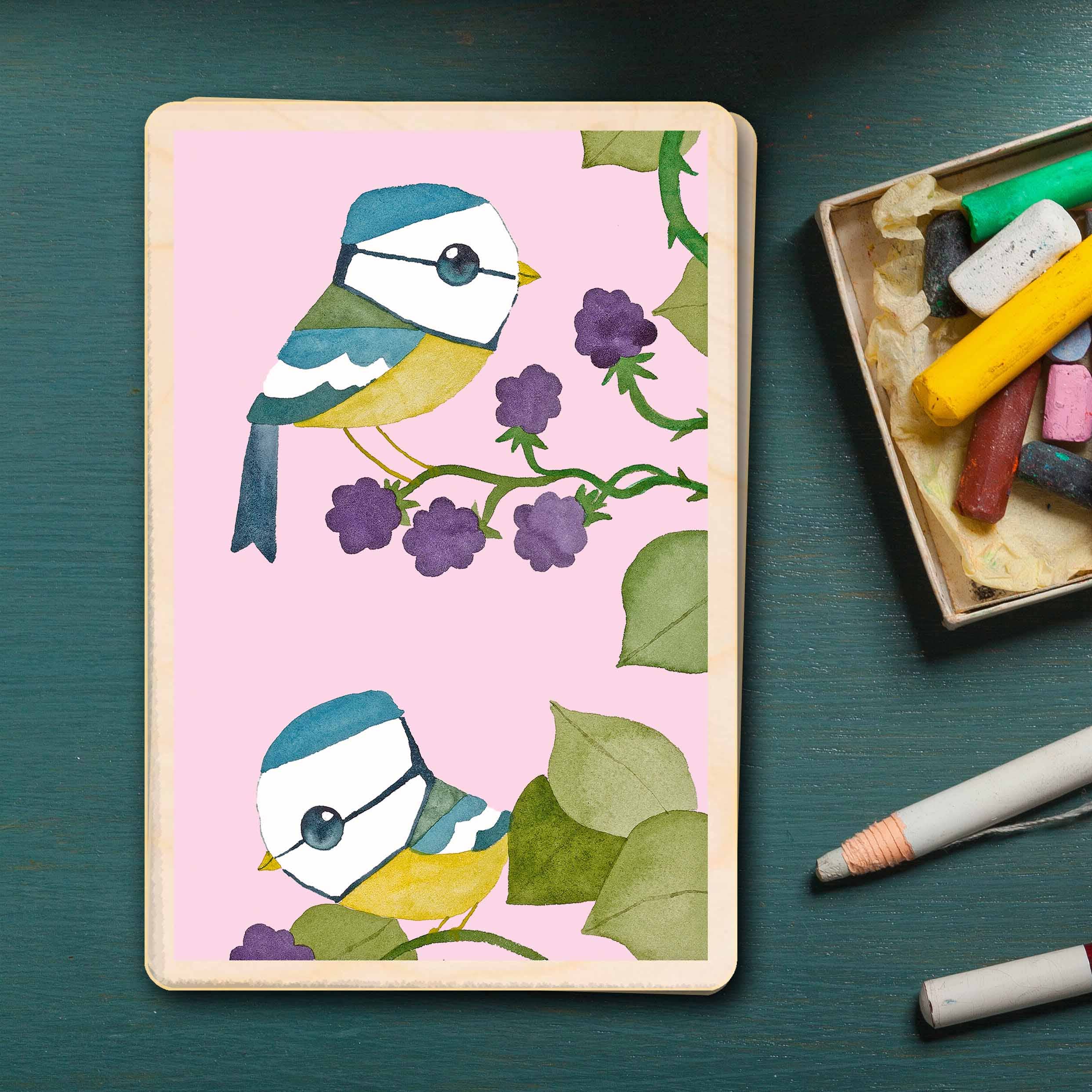 BLUE TITS ON BLACKBERRIES sustainable wood card, wood magnet