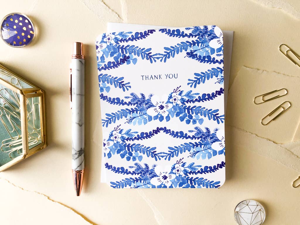 Blue Floral Vines Thank You Card - One Strange Bird