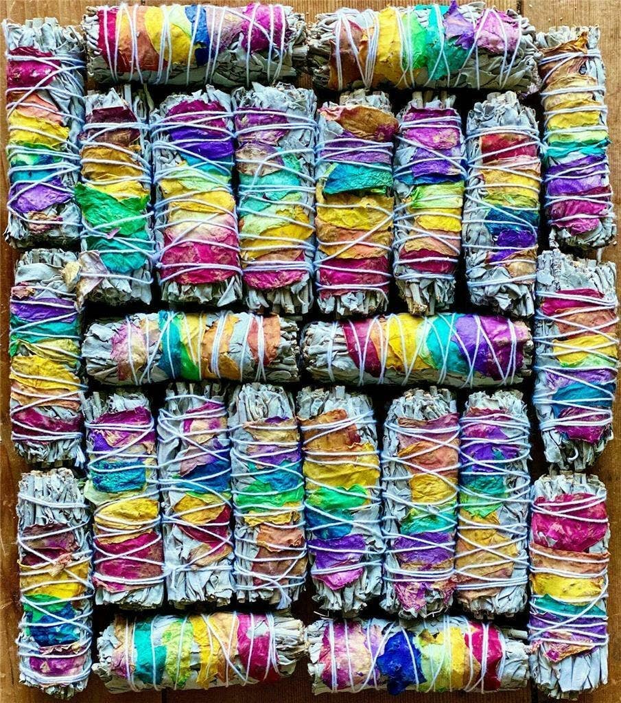 White Sage Smudge Stick 7 Chakra Floral 4"  100% Grown in CA