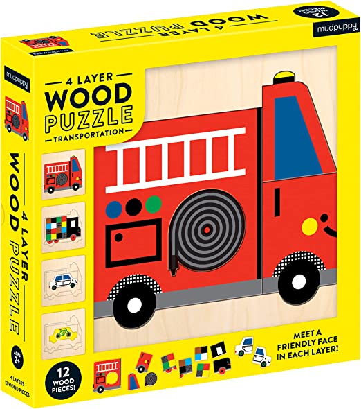 Mudpuppy 4-Layer Transportation Friends 12Piece Wood Jigsaw Puzzle, Ages 2+ - Colorful Vehicle Illustrations, Multicolor