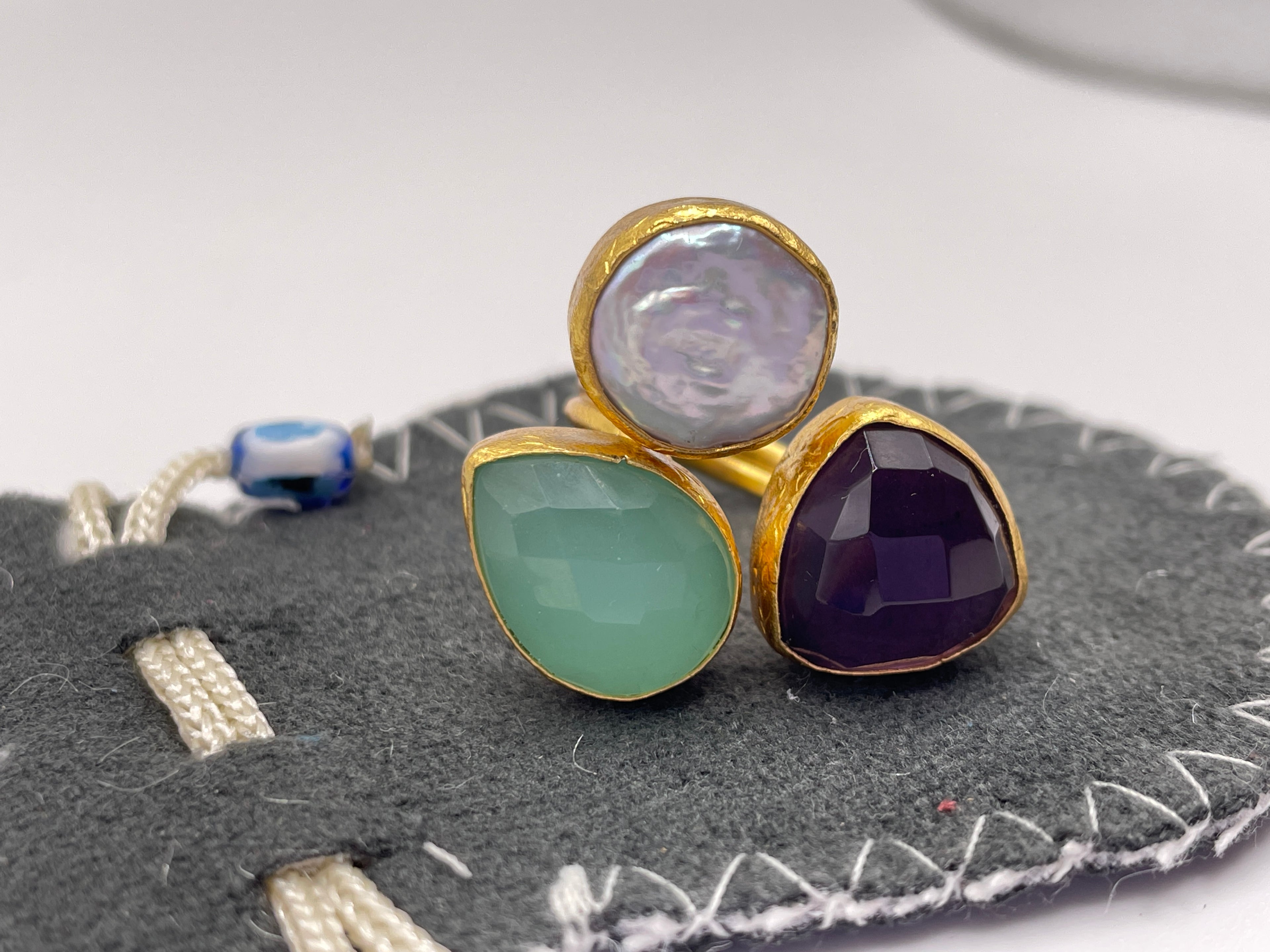 Three Stone Pearl + Amethyst