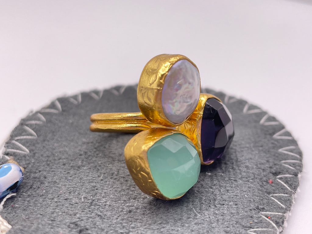 Three Stone Pearl + Amethyst