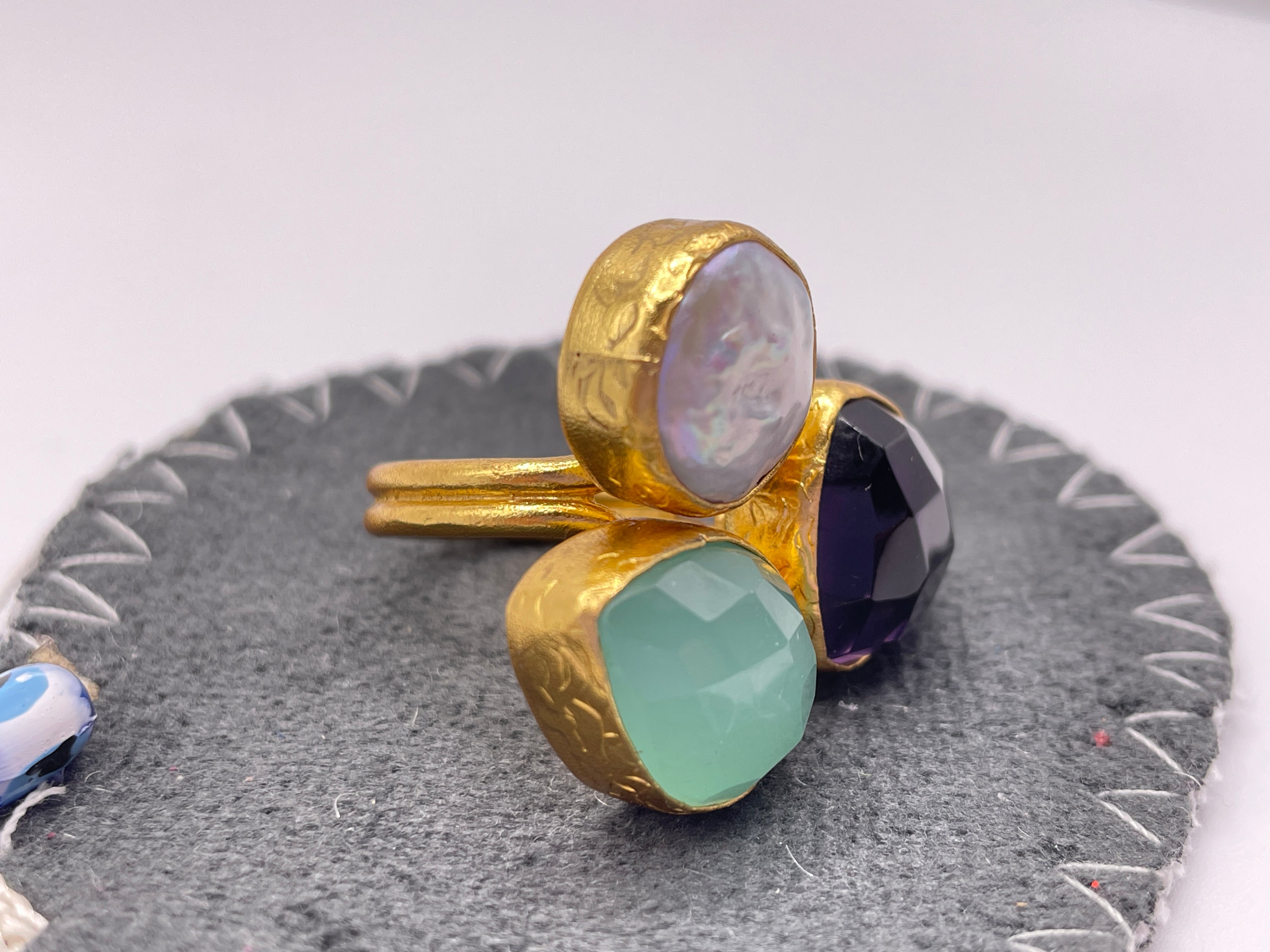 Three Stone Pearl + Amethyst