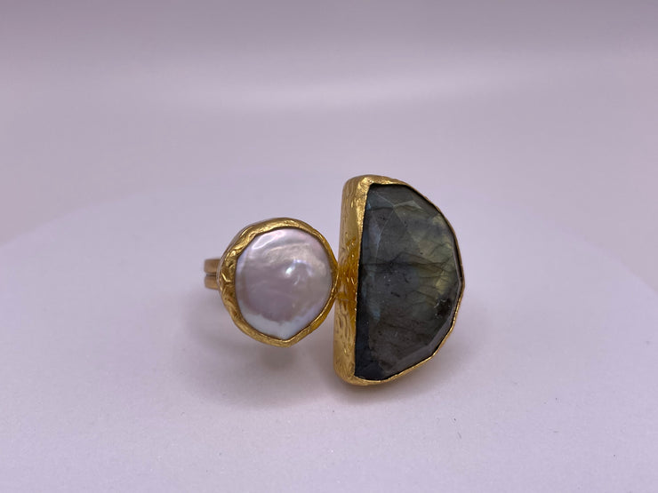 Halfmoon stone and Pearl ring