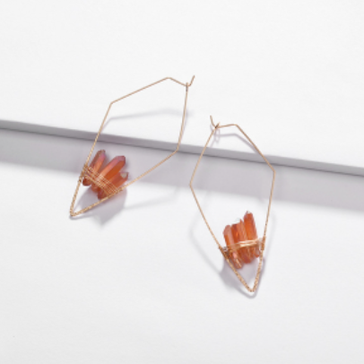 Geometric rhombic Copper Wire Hoop Earring With Natural Quartz Stone