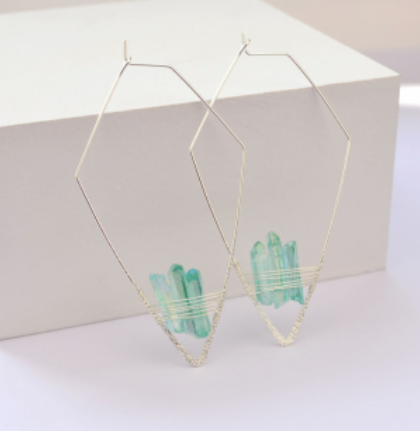 Geometric rhombic Copper Wire Hoop Earring With Natural Quartz Stone