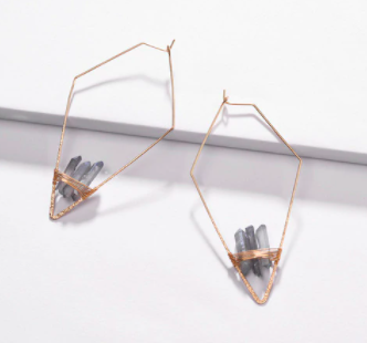 Geometric rhombic Copper Wire Hoop Earring With Natural Quartz Stone - One Strange Bird