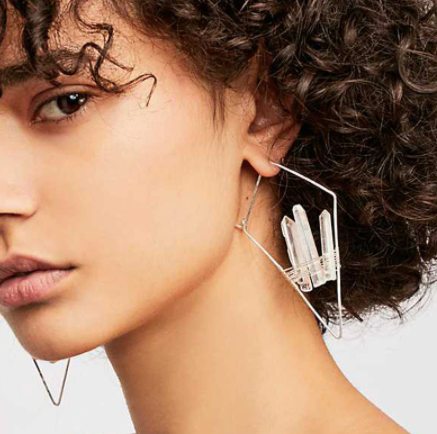 Geometric rhombic Copper Wire Hoop Earring With Natural Quartz Stone - One Strange Bird