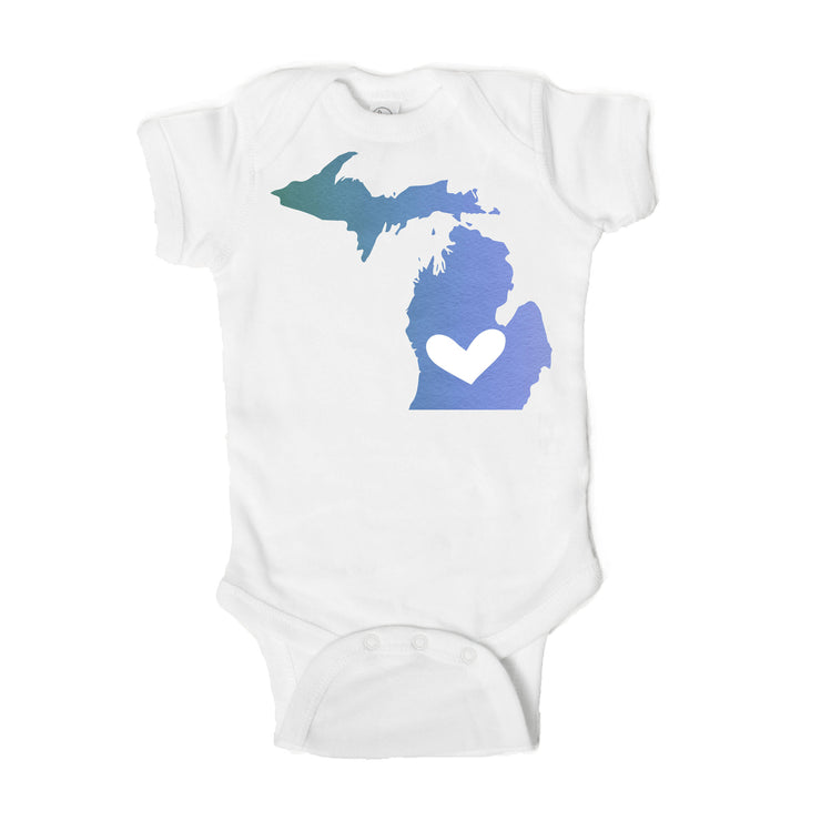 State Love Michigan Mitten Heart Baby Onesie - One Strange Bird
