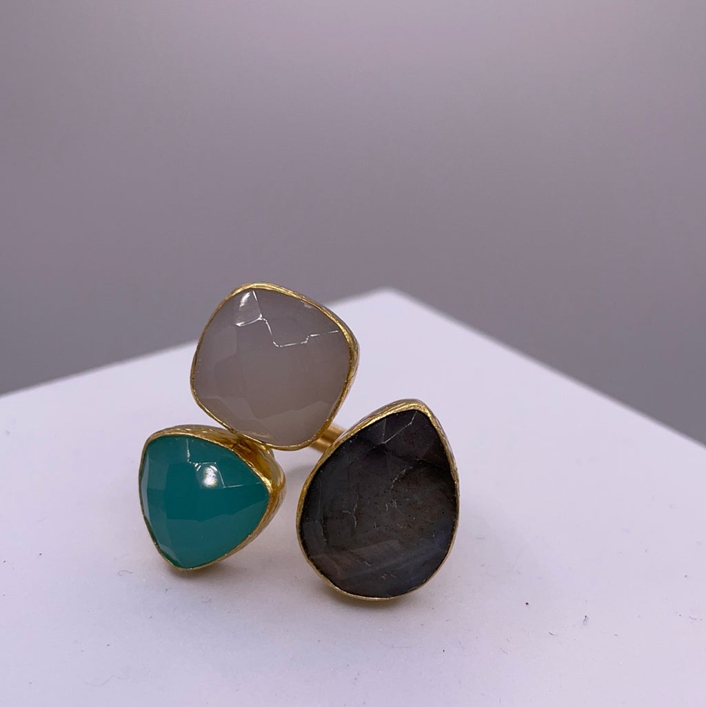 Three Stone aqua chalcedony, labradorite + white chalcedony