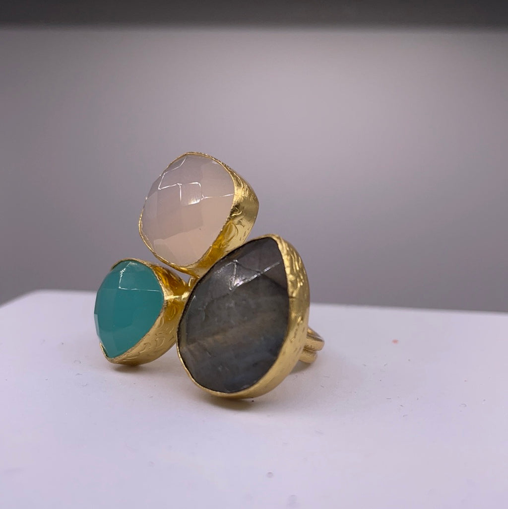 Three Stone aqua chalcedony, labradorite + white chalcedony