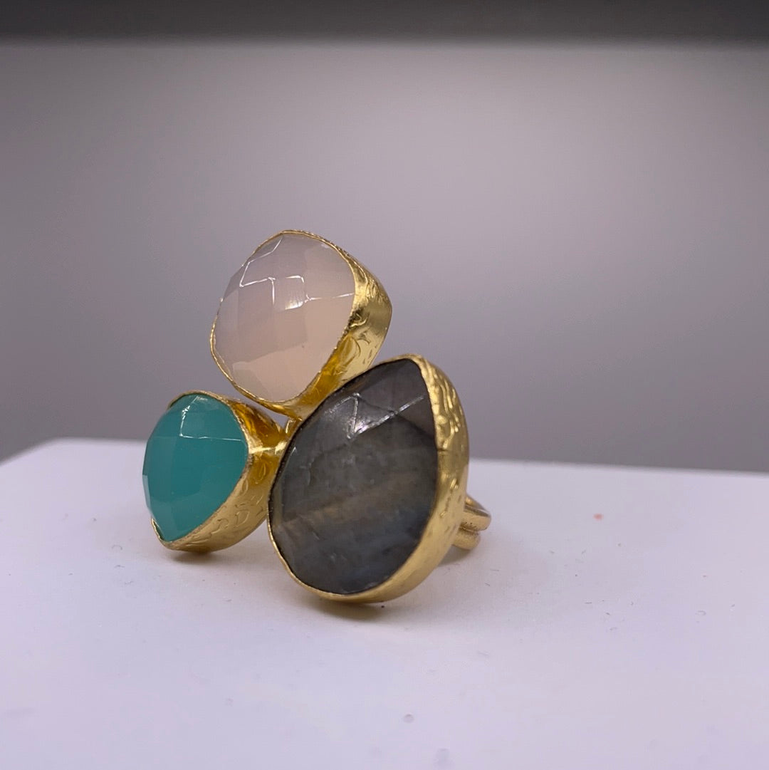 Three Stone aqua chalcedony, labradorite + white chalcedony