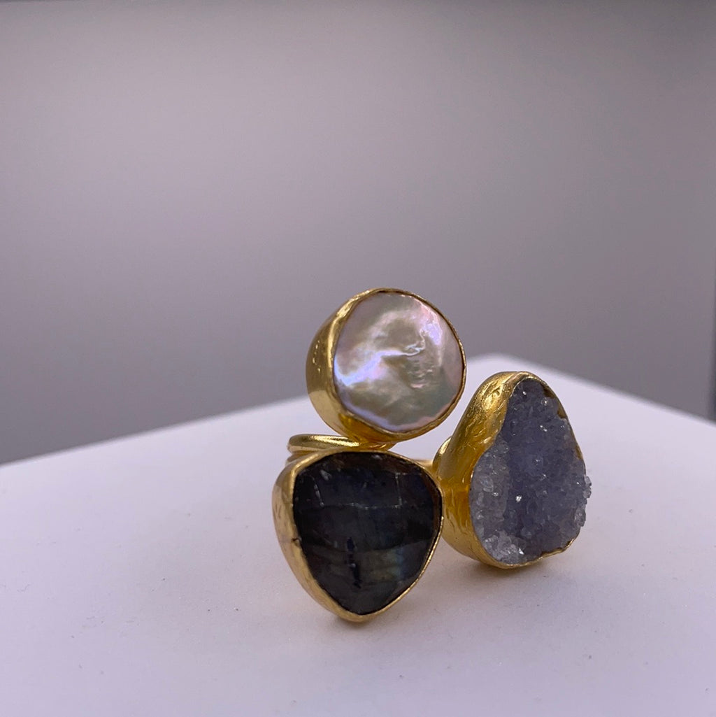 Three Stone Pearl + Druzy