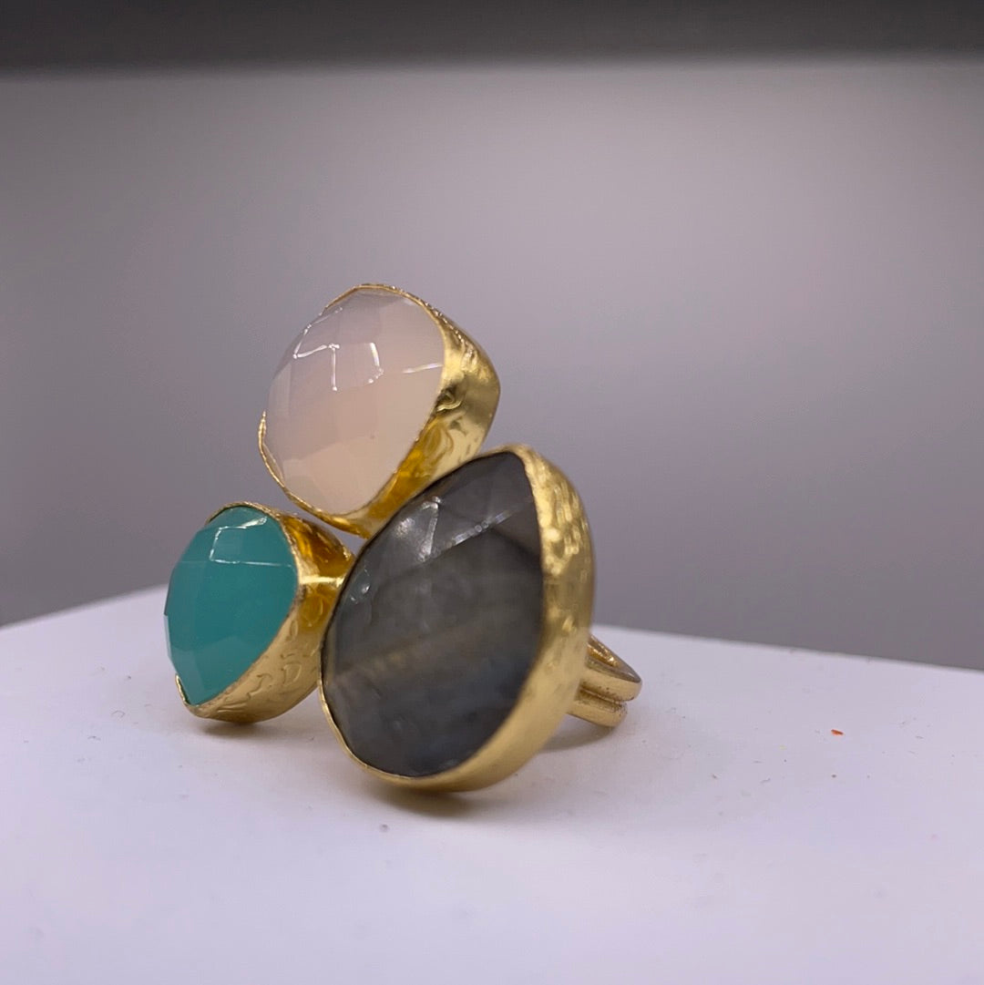 Three Stone aqua chalcedony, labradorite + white chalcedony