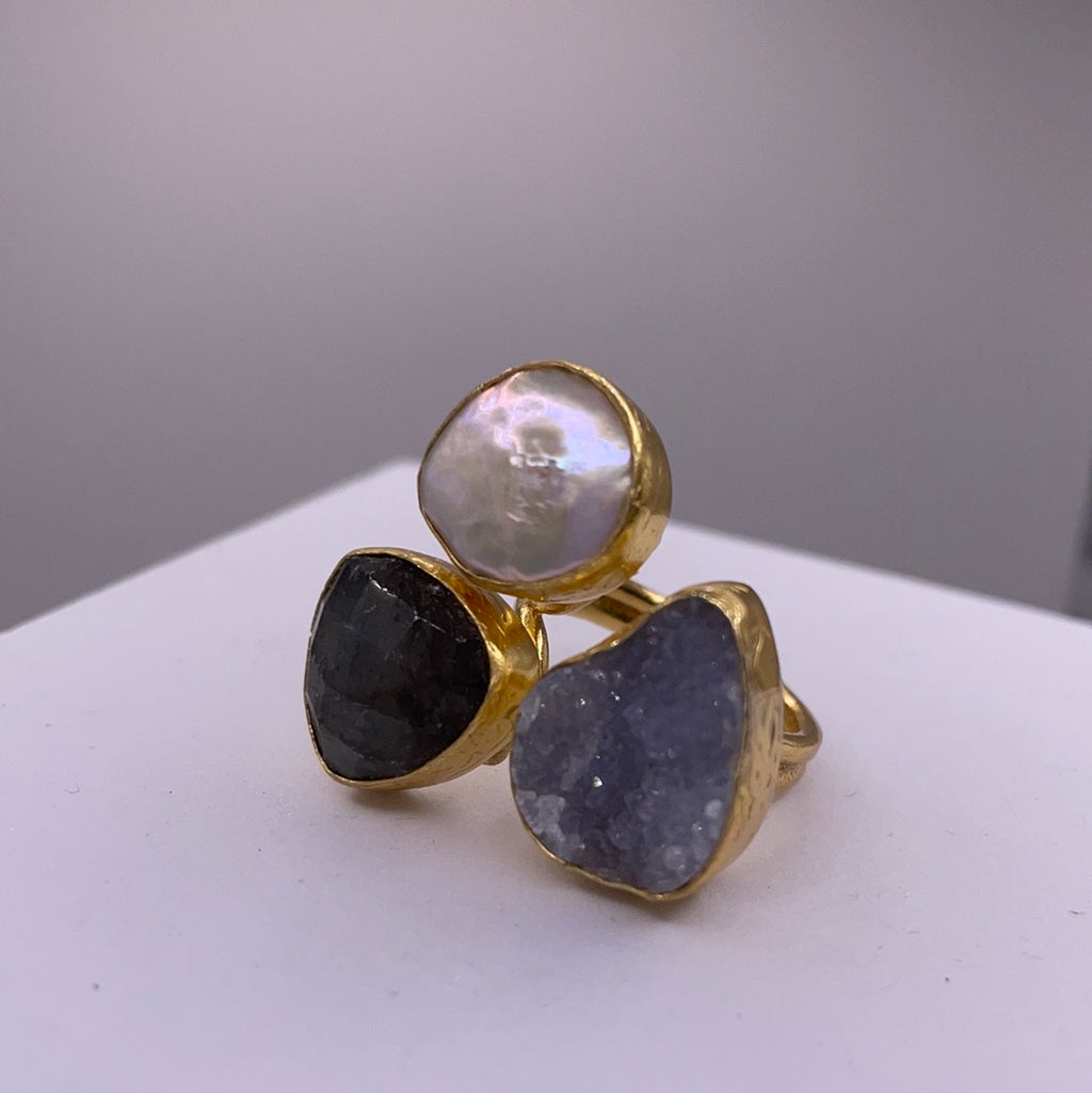Three Stone Pearl + Druzy