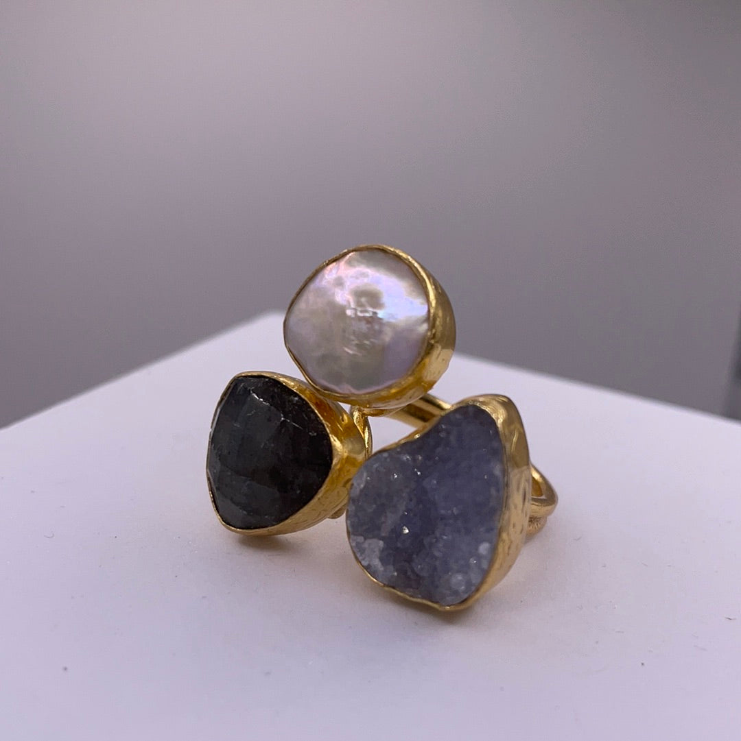 Three Stone Pearl + Druzy